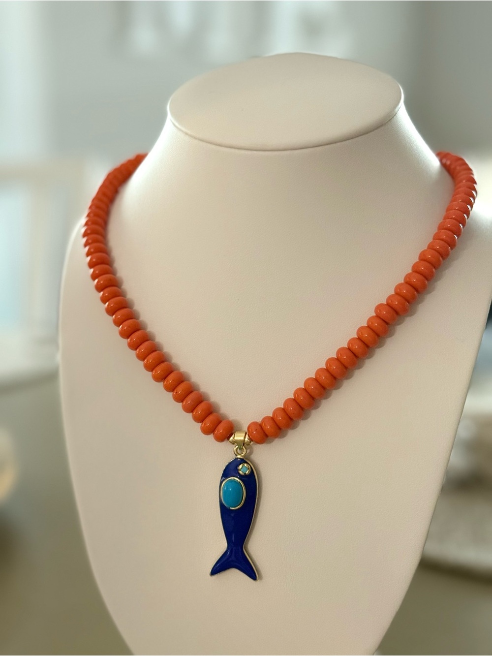 Orange Beaded Necklace with Blue Fish Enamel Pendant